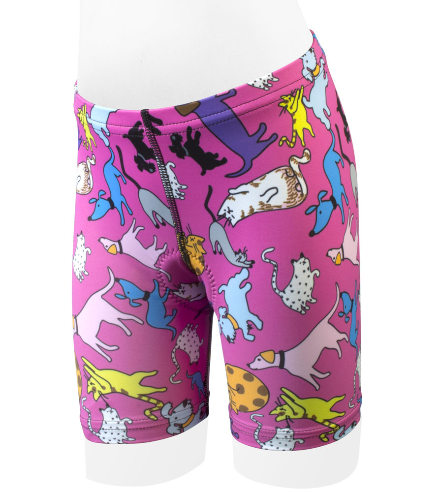 Aero Tech Youth Designer Cycling Shorts - It's Raining Cats and Dogs PINK PADDED Shorts Questions & Answers